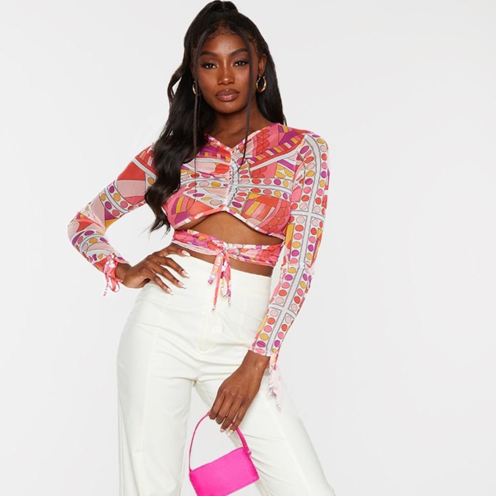 PrettyLittleThing Multi Abstract Print Ruched Underbust Cut Out Crop Top size 12